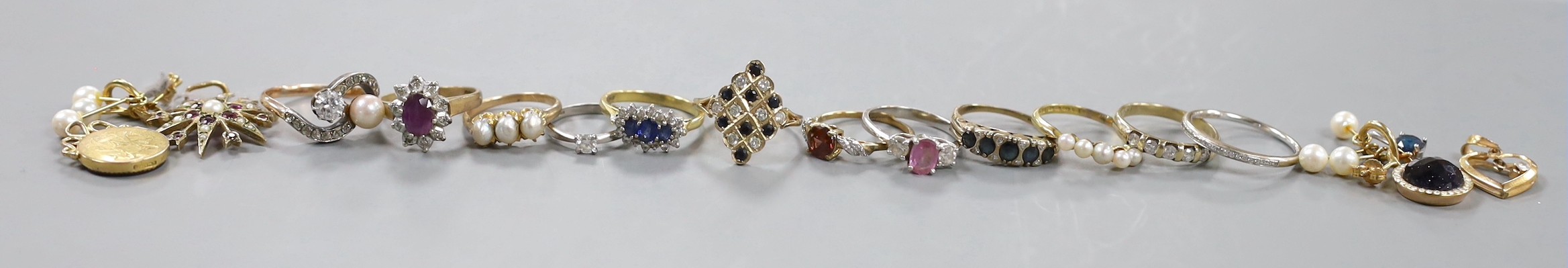 A modern platinum and solitaire diamond set ring, size G, gross weight 1.4 grams, four assorted 18ct gold and gem set rings including diamond chip half eternity and a pair of Italian 750 and cultured pearl earrings, gros